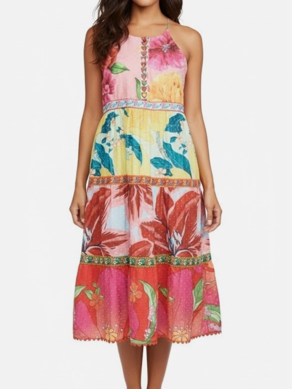 Farm Rio Tiered Cotton Tank Midi In Mixed Garden Floral Dress Size XSMALL - Picture 1 of 15
